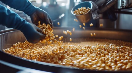 Aufkleber - In a bustling food production facility, workers expertly mix freshly made caramel popcorn. Hands are busy pouring ingredients into a large vat, showcasing teamwork and efficiency in food preparation.