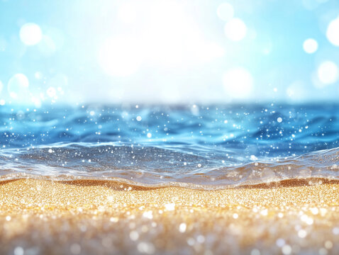 Seascape abstract beach background. blur bokeh light of calm sea and sky. Focus on sand foreground