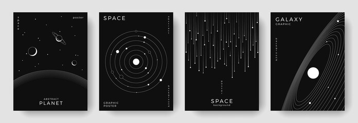 set of abstract space astronomy backgrounds. line art planet, galaxy, solar system, meteorite. scien