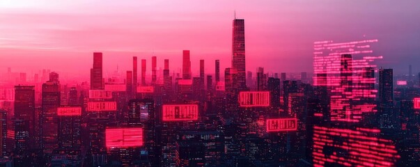 Poster - Crash market idea. Futuristic city skyline at sunset illuminated in vibrant shades of red and pink.