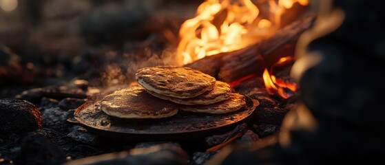 Wall Mural - Campfire Pancakes cooking on a skillet over an open fire.