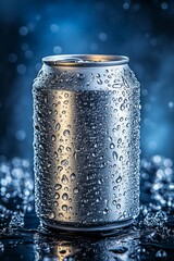 Poster - Refreshing Cold Beverage Aluminum Can with Condensation on Blue Textured Background