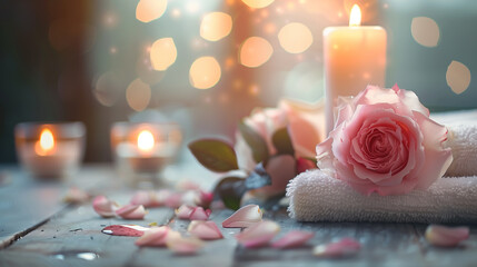 A romantic spa still-life with a pink rose, glowing candle, and scattered petals on a rustic wooden surface, creating a warm and soothing ambiance.