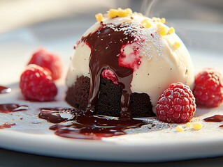 Wall Mural - Decadent Chocolate Lava Cake with Melting Ganache and Fresh Raspberries – Gourmet Dessert Close-Up