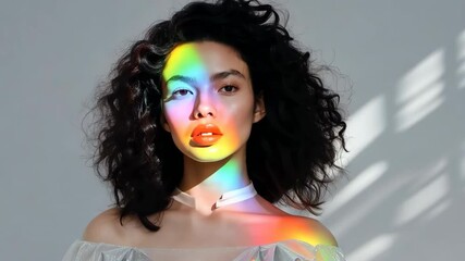 Wall Mural - A woman with curly hair poses for a photo in front of a white background. The photo has a dreamy, ethereal quality to it, as if the woman is floating in a rainbow