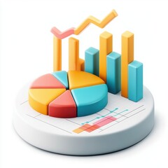 Poster - Colorful 3D data visualization with pie chart and bar graph, showcasing an upward trend in statistics.