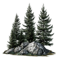 Wall Mural - Three pine trees are standing next to a large rock.