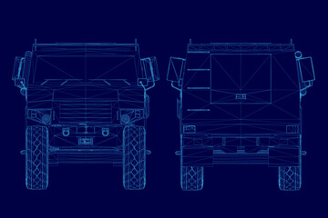 Poster - The blue image is a close up of a vehicle. The vehicle is a military vehicle with a large engine and a large front wheel