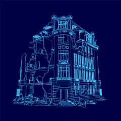 Poster - Blue drawing of a building with a lot of windows. The building is in ruins and has a lot of damage