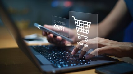 Poster - Businessman Holding Smartphone Showcasing Online Shopping Interface for Marketplace and Shopping Cart Functionality in a Digital Environment