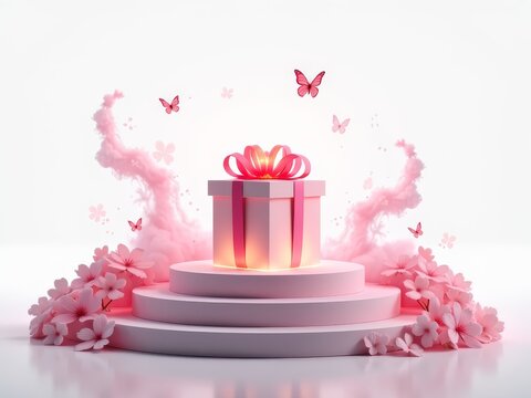 valentine glowing gift box, cherry blossoms, white podium, spring theme, minimal design, festive decoration, floral arrangement, pastel tones, creative 