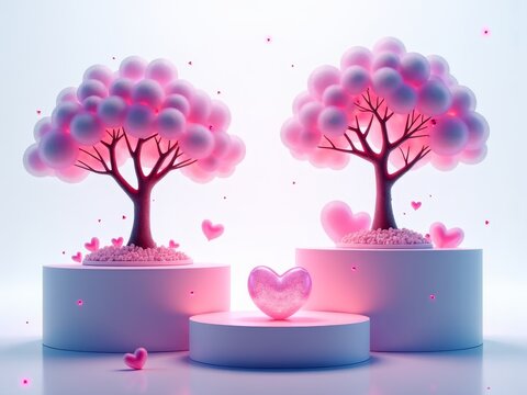 valentine glowing gift box, cherry blossoms, white podium, spring theme, minimal design, festive decoration, floral arrangement, pastel tones, creative 