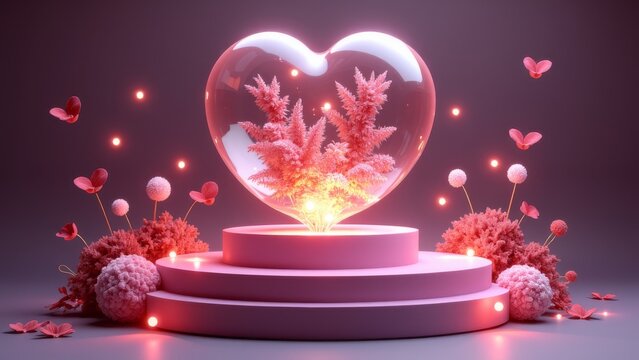 valentine glowing gift box, cherry blossoms, white podium, spring theme, minimal design, festive decoration, floral arrangement, pastel tones, creative 