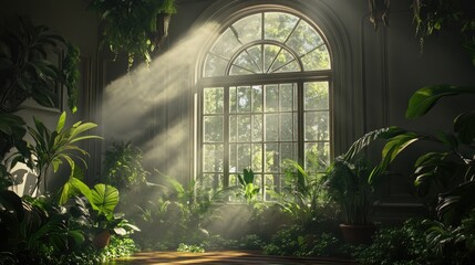 Wall Mural - A sunlit room filled with lush plants and soft rays of light streaming through a large window.