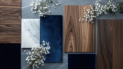 A moodboard featuring walnut wood panels, navy blue velvet fabric swatches, smooth white marble, and delicate babya??s breath on a cool grey background