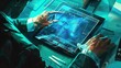 © FANTASY WORLD - Businessman analyzing financial graphs on a digital tablet, highlighting key investment trends on a sleek office desk.