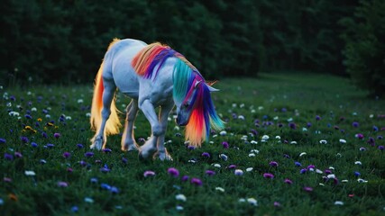 Aufkleber - Majestic unicorn grazes in a vibrant meadow filled with wildflowers during golden hour