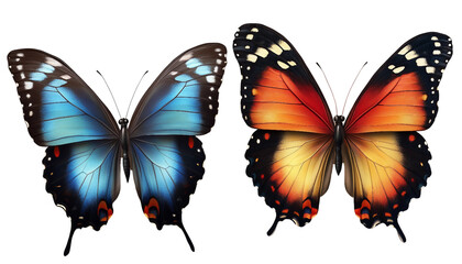 Two colorful butterflies with vibrant wings in mid-flight on a transparent background