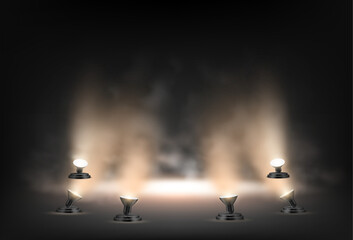 Poster - Smoke and dim lights on stage. Vector realistic empty podium for presentation of product. Mist and fog with lamps illuminating center of scene. Performance dramatic effect, scenery decor
