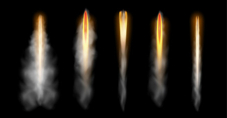 Poster - Rocket fire and smoke trails. Vector isolated set of realistic spacecraft startup launch mist and fire stream and vapor. Airplane shuttle contrails, missile trave in darkness, comet or asteroid