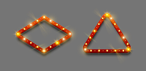 Poster - Retro lightbox signboard with realistic lightbulb. Vector frames with electric light lamps for party poster or banner advertising. Vintage decoration in geometric form of rhombus and triangle
