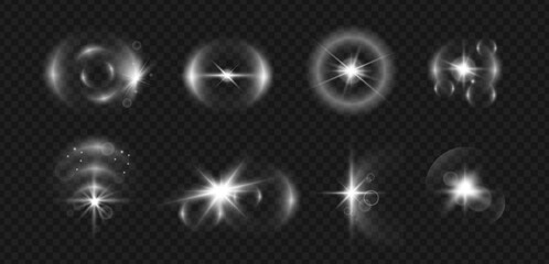 Poster - Glowing camera lens flare with rays and circles. Vector isolated set of twinkles and glares. Flashes and spotlight decor, illumination texture or bokeh, halo and radiance light. Shiny circles