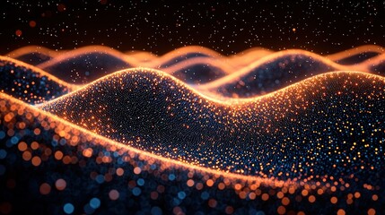 Poster - Abstract waves of glowing particles in a dark setting.