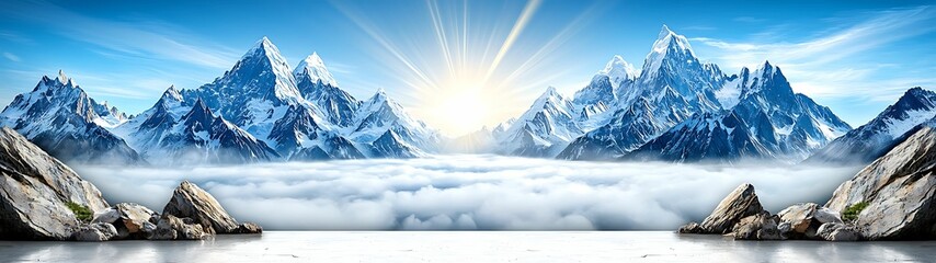 Wall Mural - a breathtaking view of majestic snow-capped mountains rising above a sea of clouds, illuminated by a