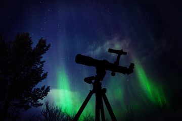 Canvas Print - aurora borealis, polar lights and astronomical telescope with milky way stars.