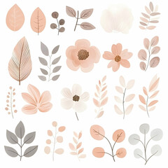 Wall Mural - Watercolor vector set of pastel leaves and flowers