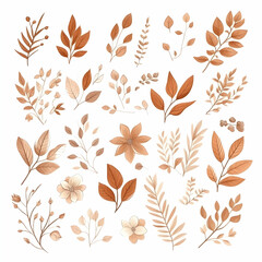 Wall Mural - Watercolor vector set of pastel leaves and flowers