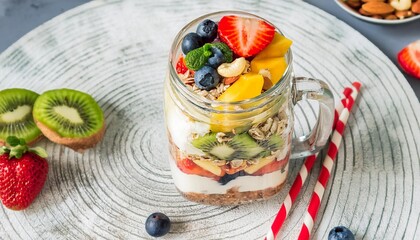 Wall Mural - Healthy breakfast parfait with yogurt, granola, and fresh fruits in a jar