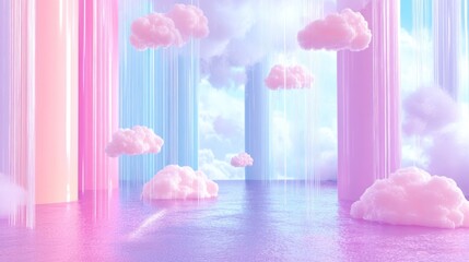 Wall Mural - pastel cloudscape with iridescent pillars reflecting in water.