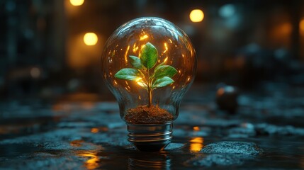 Wall Mural - Plant growing inside glowing lightbulb.