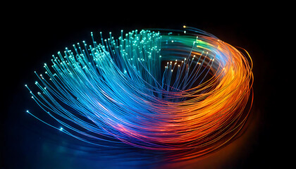 Poster - vibrant, glowing fiber optic strands create a dynamic swirl of blue, orange, and teal light against 