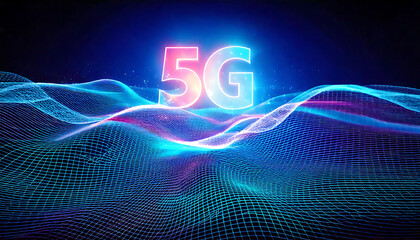 Poster - stunning abstract 5g network visualization. glowing neon 5g logo set against a dynamic, flowing grid