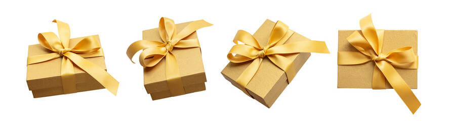 Wall Mural - above of gold gift box with shiny gold ribbon bow for decoration advertising template design.anniver