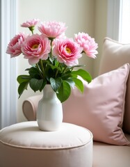 Canvas Print - A vase of pink flowers sitting on top of a round ottoman