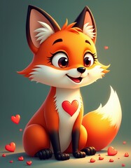 Canvas Print - A cute little fox sitting on the ground surrounded by hearts