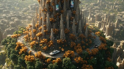 Poster - Futuristic landscape with a towering structure and vehicles.