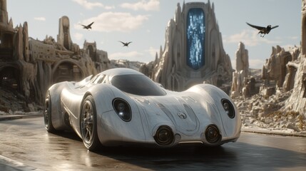 Poster - Futuristic car in a desolate landscape with flying creatures.