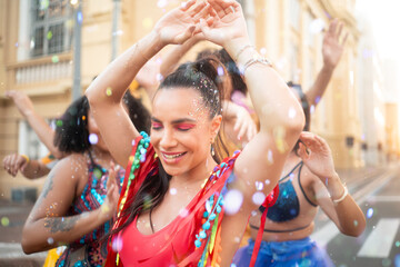 Happy woman dancing street carnival festival. Party in Brazil,Carnaval event.