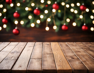 wood background with colorful blurry lights 