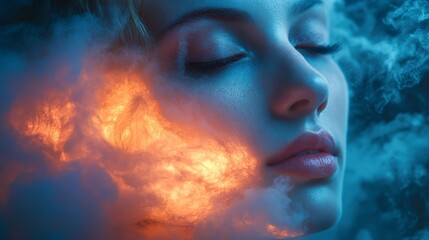 Poster - Captivating Portrait of a Woman With Ethereal Smoke and Light Effects in a Creative Art Setting