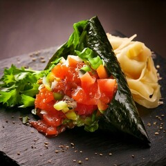 Wall Mural - Savory Salmon and Avocado Temaki Sushi Roll on Bamboo Mat