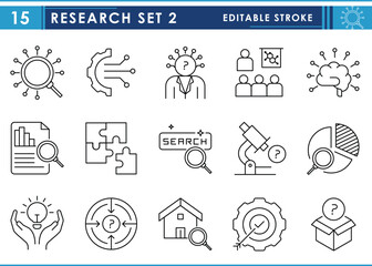 Leinwandbilder - A set of line icons related to Research. Search, digital, gear, mindful, intelligent, pie chart, conference, brain, online, microscope, puzzle, and so on. Vector editable stroke.