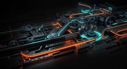 Poster - mechanical abstract background with neon lines and mechanisms . Generative AI