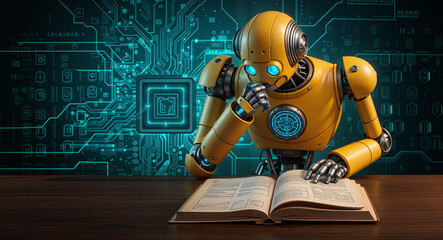 Poster - robot reading a book . Generative AI