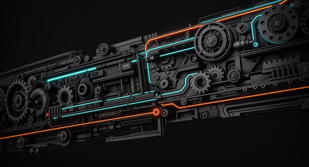 Poster - mechanical abstract background with neon lines and mechanisms . Generative AI