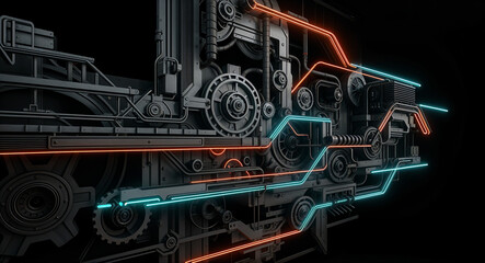 Poster - mechanical abstract background with neon lines and mechanisms . Generative AI